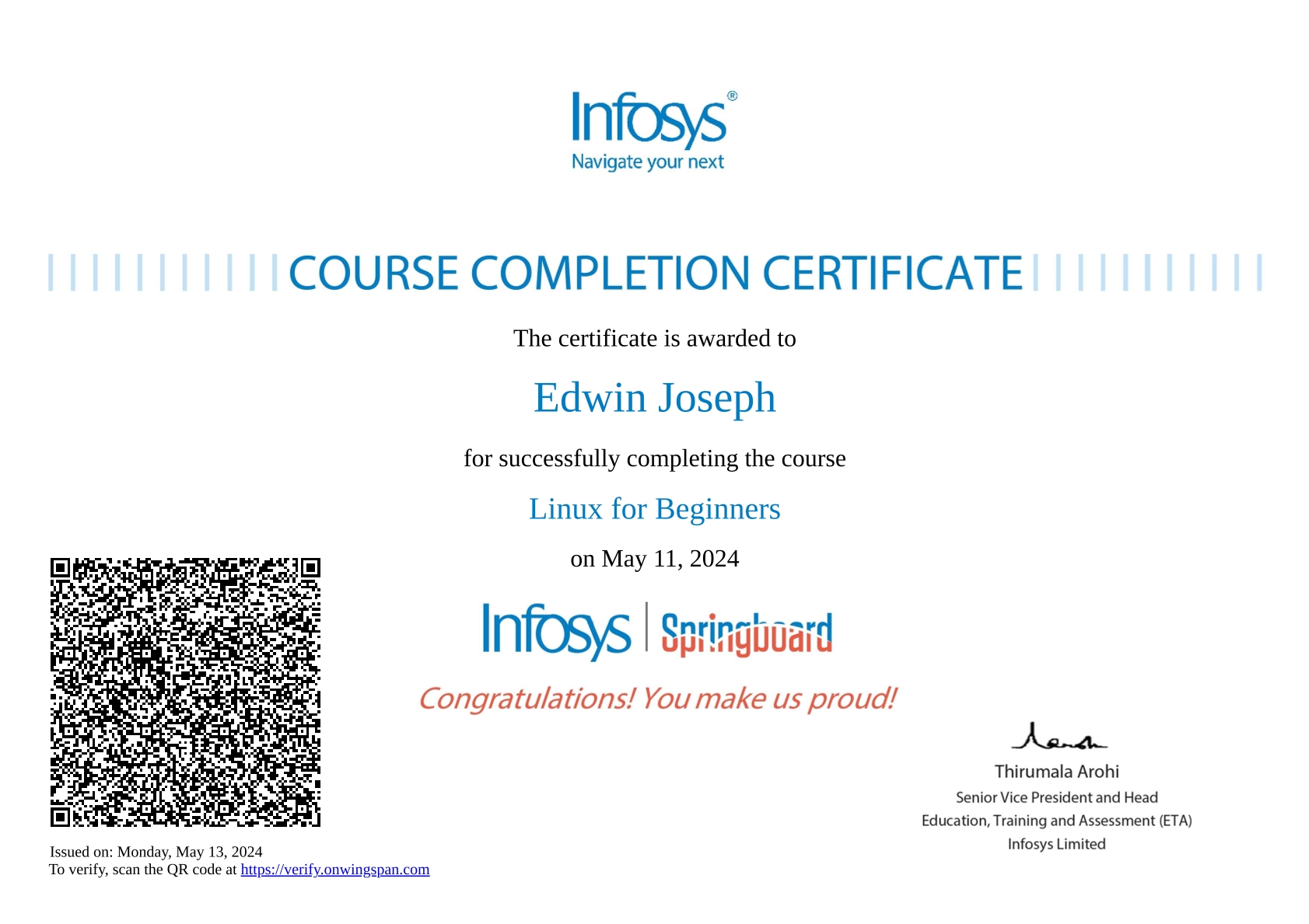 Infosys Certificate